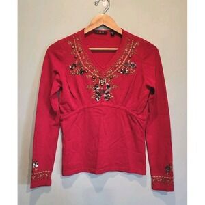Vtg Cyrus Red Gold Beaded Butterfly Embellished Babydoll Long Sleeve Top M